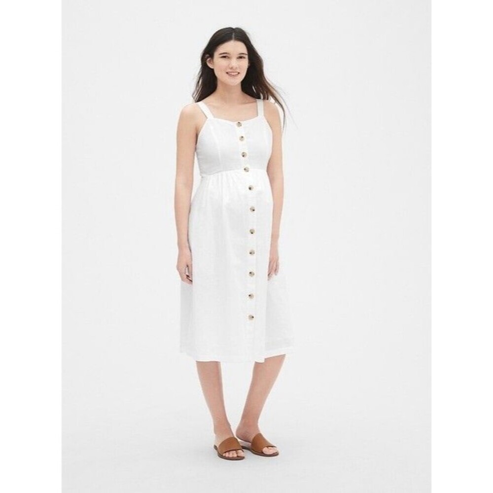 Gap Maternity White Linen Apron Midi Dress Coastal Summer Size L